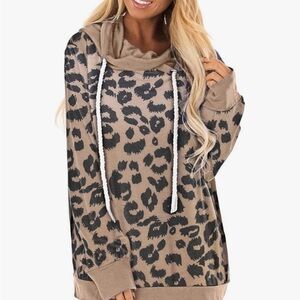 Leopard Print Cowl Neck Pullover Hoodie - Taupe/Black